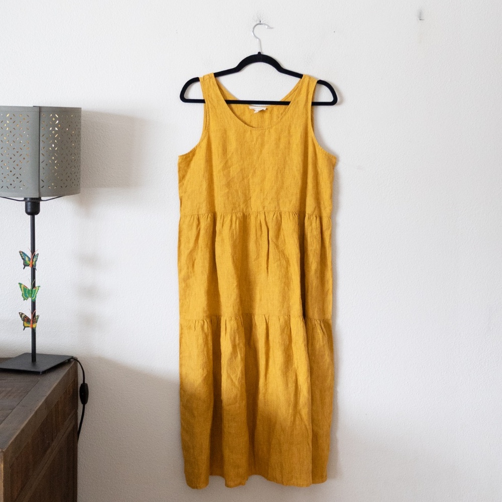 Eileen Fisher Washed Organic Linen Delave Tiered Dress Marigold Yellow - Picture 2 of 6